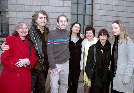 Click on image to see full-sized version Pit Stop Ploughshares outside the Four Courts with Kathy Kelly and Mairead Corrigan Maguire, Nobel Peace Prize Laureate
