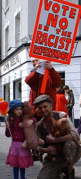 A local Galwayman and his pigs show their support... (actually an actor advertising his play!)