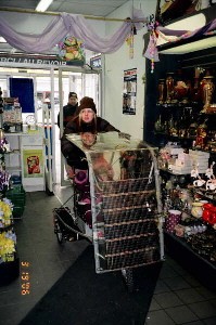 Solar pram goes shopping. Pic by Bobo.