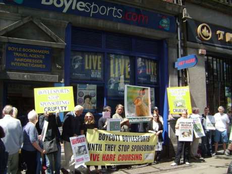 Click on image to see full-sized version Protesters outside Boylesports office at Westmoreland Street, Dublin