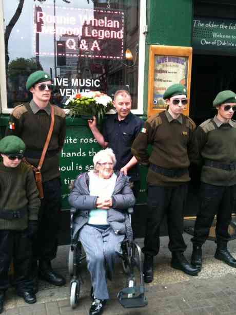 NF� members on Bachelors Walk, Dublin,  with family members of Mary Duffy who was brutally murdered by British Forces on Bachelors Walk, 26th of July, 1914. Pictured in the photo is the granddaughter of Mary Duffy.